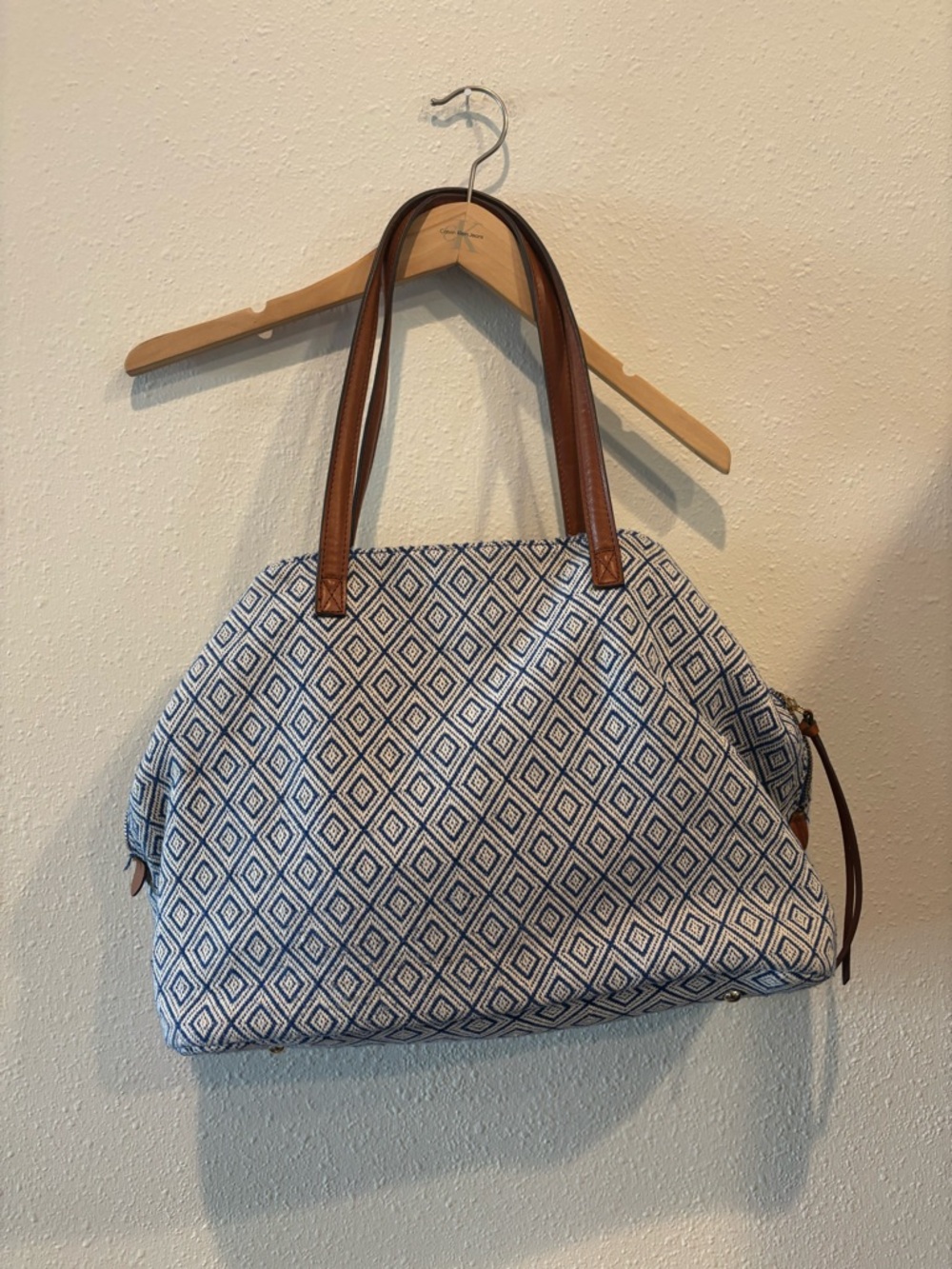 Street Level Blue Diamond-Pattern Tote with Brown Leather Straps